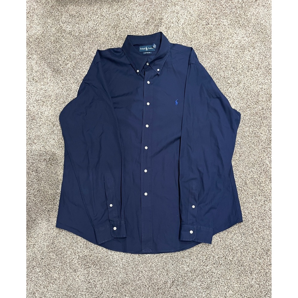 Ralph Lauren Mens XXL Navy Blue Cotton Custom Fit Button Down Long Sleeve Shirt